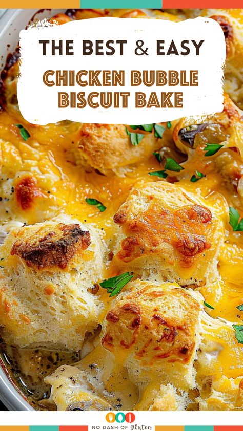 This Easy Chicken Bubble Biscuit Bake is a comfort food classic! Juicy chicken, creamy soup, ranch seasoning, and fluffy biscuits topped with gooey cheddar cheese. Perfect for busy weeknights or a cozy family meal. Save this pin and try it tonight! Creamy Chicken And Biscuits Recipe, Chicken Ranch Biscuit Casserole, Bubble Chicken Casserole, Soup With Biscuits On Top, Chicken Bubble Biscuit Bake, Chicken Bubble Biscuit Bake Casserole, Chicken And Biscuit Bake, Chicken Biscuit Bake, Chicken Creamy Soup