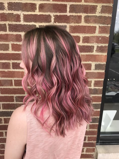 Pink balayage just in time for spring 💕 Pink Hair Brunette Balayage, Pink Balayage Highlights, Brunette With Blonde And Pink Highlights, Colourful Balayage Hair, Pale Pink Highlights In Brown Hair, Pink Bolyoge Hair, Curly Brown Hair With Pink Highlights, Pink Balyage Long Hair Brunettes, Pink Brown Blonde Hair