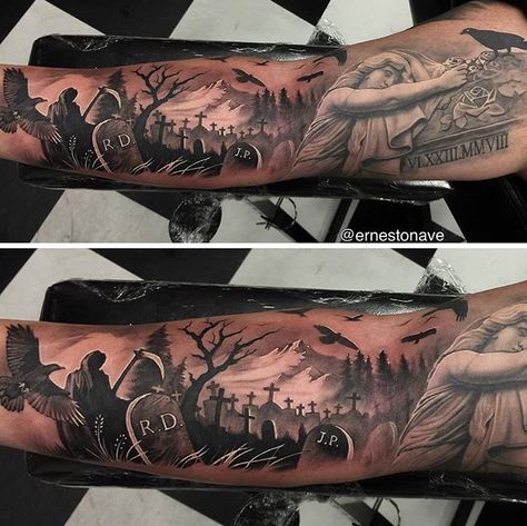 Tattoo by Ernesto Nave Grave Yard Tattoos Designs, Graveyard Tattoos, Beautiful Graveyard, Haunting Art, Tombstone Tattoo, Graveyard Tattoo, Rip Tattoo, Scene Tattoo, Skull Sleeve Tattoos