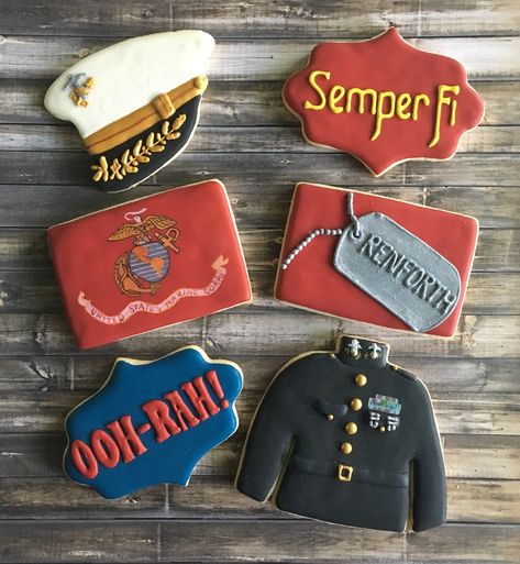 Ooh-Rah! Marine Cookies Marine Cookies Decorated, Marine Corps Decorations Party, Marine Corps Cookies Decorated, Marine Corps Cookies, Marine Corps Retirement Cake, Marine Retirement Party, Marine Corps Retirement Party Ideas, Usmc Cookies, Marines Birthday