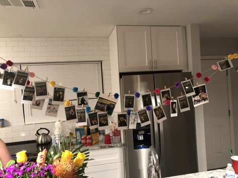 Bachelorette Polaroid photo banner with mini clothespins Photo Wall Bachelorette Party, Bachelorette Picture Wall, Flags On Ceiling, Bachelorette Polaroid, Bachelorette Polaroid Ideas, Bachelorette Photo Wall, Bachelorette Party Polaroid, Bachelorette Party Banner Ideas, Blind Wine Tasting