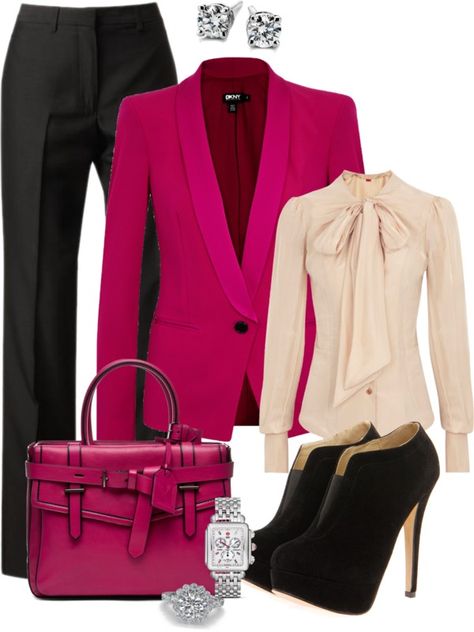 "Fuschia" by bianca-guicela on Polyvore Fuschia Pink Blazer Outfit, Fuscia Blazer Outfit, Fuschia Blazer Outfit Classy, Fuschia Blazer Outfit, Fushia Outfit, Fuschia Accessories, Valentine Outfits For Women, Black And Gold Outfit, White Fuchsia