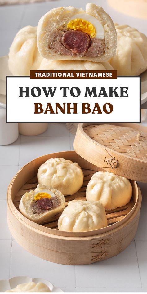 Make your own soft and pillowy banh bao or Vietnamese steamed pork buns for breakfast or a quick snack on the go. These steamed buns filled with juicy tender pork, boiled eggs, and Chinese sausages are a classic nostalgic treat. Vietnamese Bao Buns, Ban Bao Recipe, Vietnamese Steamed Buns, Breakfast Bao Buns, Steamed Bao Buns Recipe, Banh Bao Recipe, Steam Buns Recipe, Steam Buns, Chinese Pastry