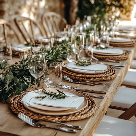 Embrace the beauty of simplicity with this elegant rustic wedding table decor featuring natural woven chargers, greenery accents, and soft neutral tones. The greenery table runner adds a touch of nature, bringing the outdoors in, while the natural textures elevate the overall aesthetic. Save this pin for inspiration on crafting the perfect rustic wedding reception! #RusticWedding #WeddingDecor #NaturalWedding #WeddingInspiration #OutdoorWedding Natural Wedding Table Setting, Wooden Table Setting Wedding, Barn Wedding Table Setting Round, Rustic Fall Wedding Table Setting, Natural Table Settings Wedding, Wood Placemats Wedding, Rustic Chic Wedding Table Decor, Rustic Wedding Tablescape, Wood Table Wedding Place Setting