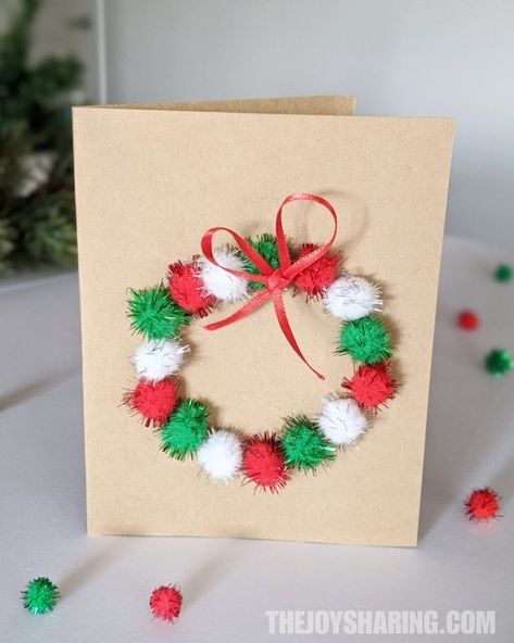 Pom Pom Wreath Christmas Card #thejoyofsharing #christmascard #diychristmascard #kidscrafts #christmascrafts #preschoolcrafts #artsancrafts Diy Christmas Cards Easy, Christmas Cards Handmade Kids, Jul Diy, Christmas Cards Kids, Simple Christmas Cards, Christmas Card Art, Homemade Christmas Cards, Christmas Card Crafts, Easy Christmas Diy