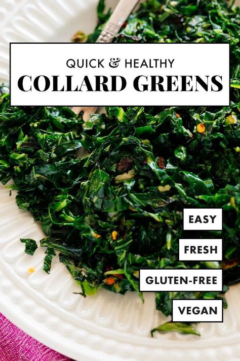 You're going to LOVE these bacon-free collards! These collard greens are quickly cooked in olive oil and finished with a squeeze of fresh lemon juice. They're the perfect simple, green side dish. #collardgreens #collards #healthyrecipe #sidedish #cookieandkate Healthy Collard Greens, Collard Greens Vegan, Collard Greens Without Meat, Collard Greens Side Dish, How To Prepare Collard Greens, Sauteed Collards, Stewed Collard Greens, Collard Green Pasta, Italian Collard Greens Recipe