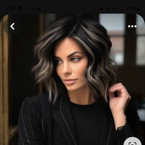 Chin Length Dark Hair With Highlights, Black Ombre Hair Short, Short Dark Hair With Blonde Highlights, Dark Grey Short Hair, Shoulder Length Black Hair With Highlights, Short Hair With Lowlights, Ash Grey Highlights On Dark Hair, Shadow Root Balayage Dark Brown, Short Dark Hair Styles