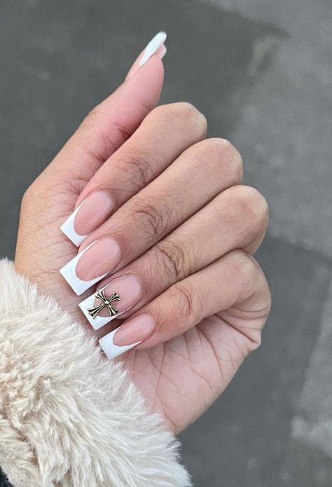 Acrylic Nails Cross Charms, Cross White Nails, French Nails With Cross Charm, French Tip Nails With Cross Charm, Sharp Square Acrylic Nails, French Tip With Cross Charm, Cross Gem Nails, Short Chrome Hearts Nails, White French Tip With Charms