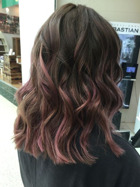 Pink balayage, using Olaplex and Muted tones to achieve this gorgeous dusky pink @pkaihair Subtle Pink In Hair, Mauve Highlights On Dark Hair, Dusty Pink Highlights Black Hair, Purple Peekaboo Balayage, Pink Bayalage Hair Brunette, Ashy Pink Hair Balayage, Dark Pink And Brown Hair, Subtle Pink Highlights Brunette, Dusky Pink Hair