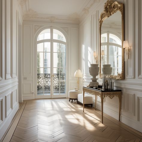 French Hallway Ideas, Panelling Inspiration, French Homes Interiors, French Hotel Room, Parisian Hallway, French Hallway, Haussmann Interior, French Apartment Decor, French Country House Interior