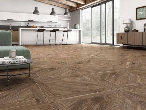 Kanna Nogal Porcelain Floor Tile - Kanna from Tile Mountain Parquet Tile Flooring, Brown Floor Tiles, Kitchen Floor Tile Design, Dark Brown Floor, Modern Kitchen Flooring, Wood Effect Floor Tiles, Best Flooring For Kitchen, Parquet Design, Oak Parquet Flooring