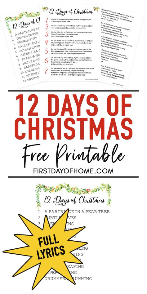 Get a free printable set of 12 Days of Christmas lyrics to celebrate the holidays. This is perfect for DIY wall art or for singing with kids and family. It's the perfect printable for caroling. Download a full set with beautiful watercolor details. #freeprintables #christmasprintables #printableart #christmascarols #firstdayofhome 12 Days Of Christmas Free Printables, Christmas Songs Lyrics Free Printable, 12 Days Of Christmas Lyrics, 12 Days Of Christmas Song, 12 Days Of Christmas Gifts, Christmas Carols Lyrics, Christmas Songs Lyrics, 12 Days Of Xmas, Christmas Lyrics