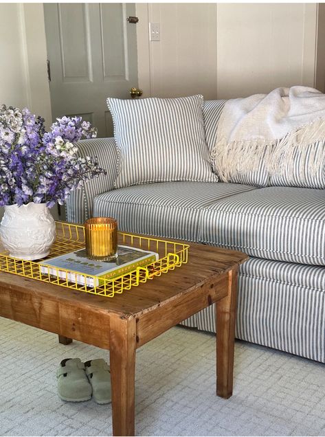 Blue Striped Couch Living Room, Striped Couch Living Room, Pinstripe Couch, Apartment Sitting Room, Blue Striped Couch, Striped Couch, California Street, Striped Sofa, Couch Living Room