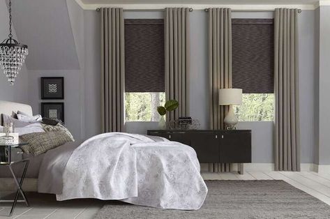 Curtains Over Blinds, Shutters With Curtains, Layered Window Treatments, Blackout Roller Shades, Pleated Drapery, Sheer Shades, Woven Wood Shades, Curtain Ideas, Custom Drapes