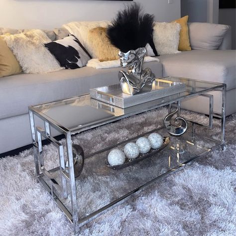 Modernize your space with the Town Square Chrome Coffee Table with Shelf. https://elink.io/p/98f039d .⁠ .⁠ .⁠ #coffeetable #coffee #cozycorner #accentfurniture #interiordesign #furniturefinds #livingroom #office #familyroom #bedroom #style #fashion #amazonfinds #amazonhome #wayfairfinds #wayfairhome #targetfinds #targethome #modern #myccihome #glamdecor #glam #silver #eclectic #silverdecor #contemporary#convenienceconcepts Glass Coffee Table Styling, Glass Coffee Table Decor, Square Glass Coffee Table, Glass Table Decor, Chrome Coffee Table, Coffee Table Inspiration, Coffee Table Design Modern, Coffee Table With Shelf, Shelf Furniture