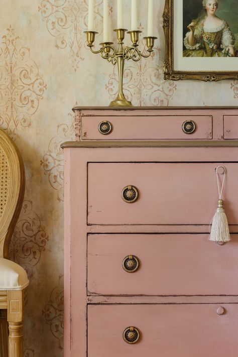 Dusty Rose Dusty Rose Furniture, Dusty Rose Paint, Dusty Rose Decor, Pink Dressers, Tan Furniture, Dresser In Living Room, Large Dining Room Table, Pink Dresser, Pink Vanity