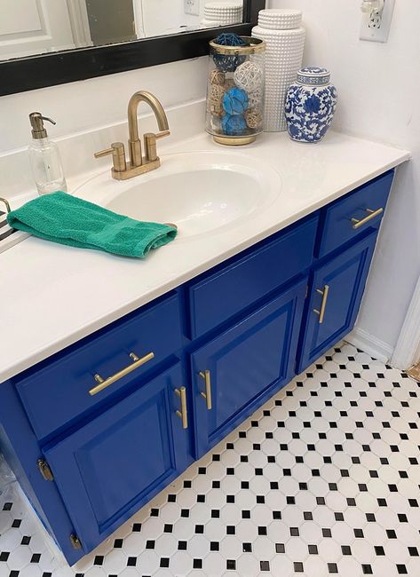 Bright Bathroom Vanity Colors, Bright Blue Bathroom Vanity, Bright Blue Bathroom, Royal Blue Bathrooms, Regency Kitchen, Mens Bathroom Decor, Kids Bathroom Wall Decor, Bath Bubbles, Updated Bathroom