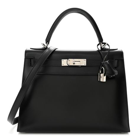 This is the authentic HERMES Box Kelly Sellier 28 in Black. This handbag is crafted of calfskin leather in black. This bag features a rolled leather top handle, optional shoulder strap and polished silver palladium plated hardware. The flap opens with a signature Kelly turn lock to a matching black leather interior with zipper and patch pockets. Kelly Sellier, Hermes Kelly Bag, Hermes Box, Polish Silver, Leather Interior, Leather Top, Patch Pocket, Top Handle, Calf Skin