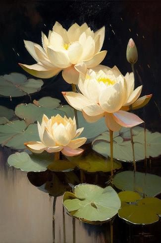 size: 18x12in Art Print: Lotus II by Vivienne Dupont : September Painting, Lotus Artwork, Oil Flowers, Water Lilies Art, Lotus Flower Painting, Lotus Flower Pictures, Lotus Flower Art, Lotus Painting, Lotus Art