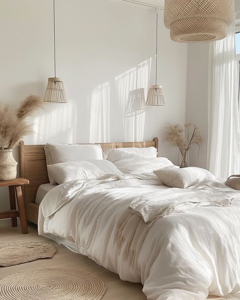 I love this cosy bedroom space. It includes raw natural materials in the light features. The colour is carried through to the pampas. A darker wood for the bedside tables and headboard and lots of layering on the bedding. I love that linen bedding is so casual and doesn’t have to be perfect in order to look good! #Interiordesign #homedecor #moderninterior #minimalhome #eclecticdesign #aesthetichome #chillhomevibes #houseinterior #interiordesignstyles #roomideas #homedecorideas #homeideas Cosy Bedroom, Bedroom Space, Minimal Home, Eclectic Design, Bedside Tables, Interior Design Styles, Dark Wood, Bedside Table, Natural Materials