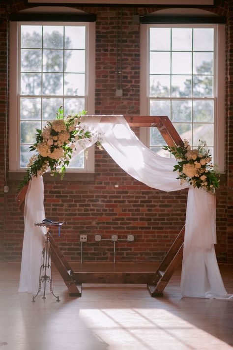 Hexagon Draping Wedding, White Draped Wedding Arch, Simple Rustic Wedding Backdrop, Hexagon Sweetheart Table Backdrop, Hexagon Arbor With Drape, Hexagon Alter Decor, Wedding Ceremony Hexagon Arch, Hexagon Wedding Arch White Flowers, Octagon Arch Decoration Wedding