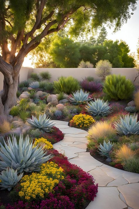 A picturesque front yard landscape, combining lush ground cover flowers with drought tolerant ground cover and exquisite succulent landscaping for an eco-friendly outdoor space. Front Yard Desert Landscaping Design, Drought Tolerant Landscape Front Yard, Desert Landscape Front Yard, Arizona Landscaping, Desert Landscape Design, Gravel Gardens, Garden Backyard Ideas, Pool Makeover, Front Yard Landscaping Low Maintenance