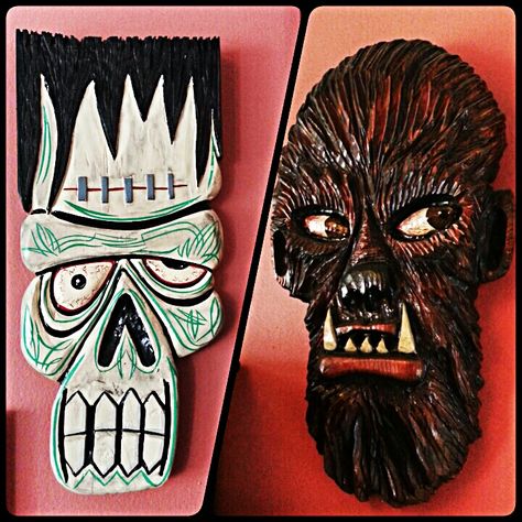 Our walls wouldn't be Complete without Frankentiki & Wolfman Tiki.. Haunted Tiki Halloween, Creepy Tiki Party, Tiki Skull, Tiki Halloween, Tiki Horror, Spooky Tiki, Horror Tiki Bar, Driftwood Tiki Mask, Tiki Masks