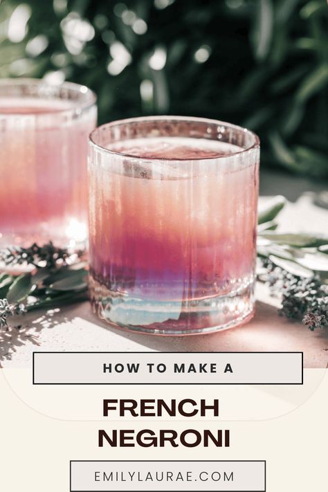 Delight your senses with a floral and berry-forward French Negroni. Made with only 4 ingredients, this refreshingly bitter and complex cocktail makes you feel like you're enjoying each sip while gazing on the French Riviera with a baguette and cheese board nearby. French 77 Cocktail Recipe, Unique Fall Cocktails, French Kiss Cocktail, Cocktails To Order At A Bar, French Cocktails Recipes, Fun Martini Recipes, Frangelico Cocktail, Clear Cocktails, Cocktails With Gin