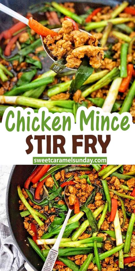 Chicken Mince Stir Fry is a quick and easy recipe! With a simple Asian flavoured sauce and packed with vegetables it works for dinner any night of the week! Save the trip to the take out store. #easyrecipe #chickenrecipes @sweetcaramelsunday Ground Chicken Stir Fry, Cheap Chicken Recipes, Chicken Mince, Minced Chicken Recipes, Minced Meat Recipe, Healthy Meat Recipes, Mince Recipes, Duck Recipes, Supper Recipes