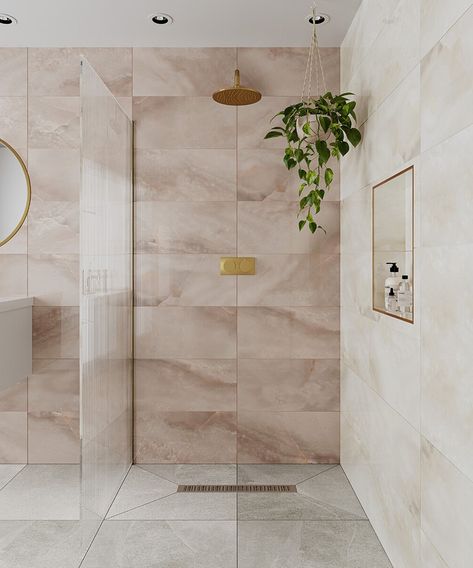 Feature Tile Wall Bathroom, Large Bathroom Tiles Wall, Onyx Tile Bathroom, Onyx Bathroom Ideas, Large Tile Bathroom, Onyx Bathroom, Attic Shower, Beauty Interior Design, Pink Bathroom Tiles