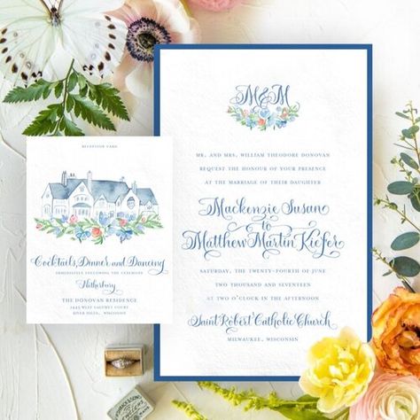 Kenzie & Matt — Catherine Sullivan Design Venue Watercolor, Hand Painted Invitations, Watercolor Wedding Invitation Suite, Floral Wedding Stationery, Venue Illustration, Watercolor Wedding Invitation, Wedding Stationery Suite, Wedding Crest, Peony Wedding