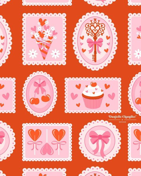 Sent with love 💌 Made a pattern out of these Valentine’s Day stamps I created from some of the art I’ve made so far this month. Having so … | Instagram Random Holidays, Valentine's Day Illustration, Cake Branding, Love Scrapbook, Surface Patterns, Valentines Patterns, Post Stamp, Pattern Play, Communication Design