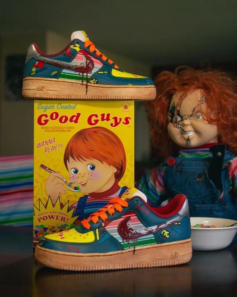 Chucky Good Guy Air Force 1 Custom Check more at https://danielcustoms.com/product/chucky-good-guy-air-force-1-custom/ Tiffany Bride Of Chucky, Tiffany Bride, Good Guy Doll, Childs Play Chucky, Chucky Doll, Air Force 1 Custom, Friends Characters, Hand Painted Shoes, Horror Movie Characters