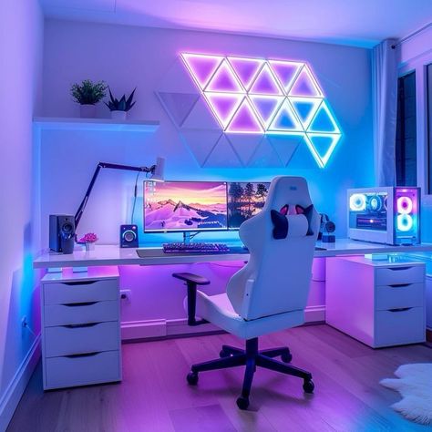 Gamer Theme Bedroom, Rgb Gaming Room, Clean Gaming Setup, Gaming Room Setup Aesthetic, Pc Setup Gaming, White Gaming Setup, Gaming Setup Bedroom, Cool Gaming Rooms, Rooms Inspiration