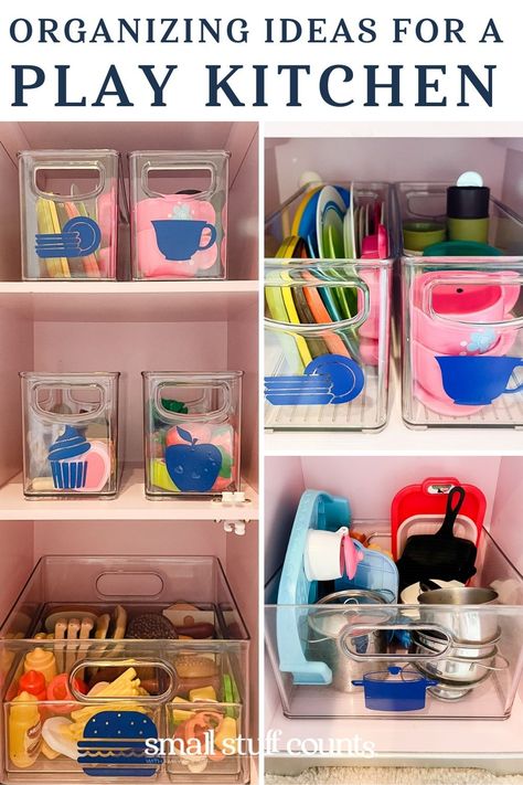 Play Kitchen Area Ideas, Toddler Play Kitchen Organization, Pretend Kitchen Organization, Diy Play Food Storage, Play Kitchen Food Organization, Play Kitchen Organization Ideas, Toy Kitchen Storage Ideas, Pretend Play Kitchen Diy, Play Kitchen Food Storage Ideas