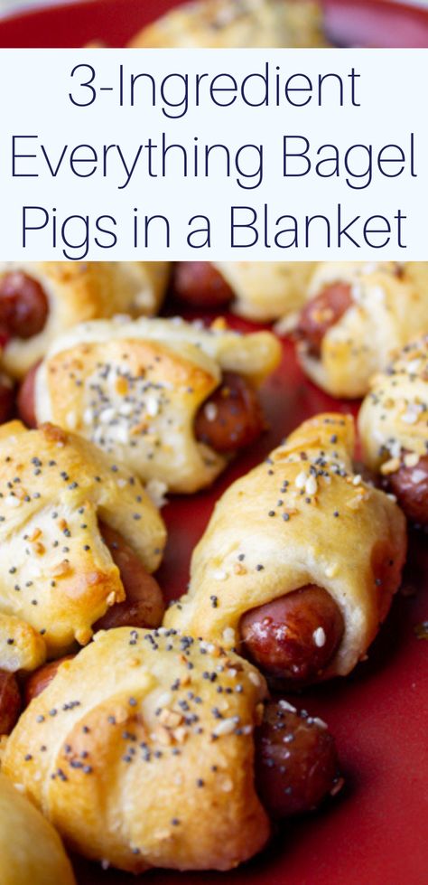 Pigs In A Blanket Everything Bagel, Pigs In A Blanket With Everything Bagel Seasoning, Everything Bagel Pigs In A Blanket, Poppable Appetizers, Pigs In A Blanket Recipe, Pizza Party Birthday, Sausage Appetizers, Sausage Wrap, Bagel Toppings