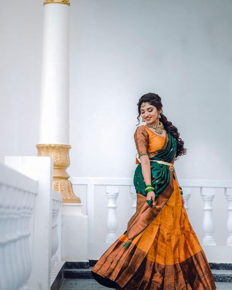 Rachana Inder Beautiful traditional half Saree Blouse Half Saree Function Poses Photoshoot Ideas, Stills In Half Saree, Photography Poses In Half Saree, Half Saree Photoshoot Poses At Home, Stills For Girls Traditional, Blouse Models For Half Saree, Half Saree Pics Poses, Half Saree Photo Poses, Poses On Half Saree