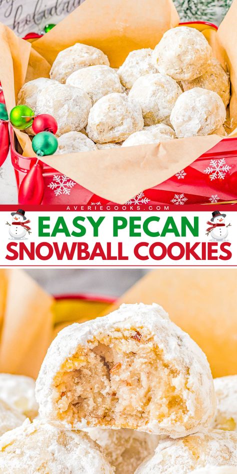 This Christmas dessert idea is a classic! It's a holiday baking recipe for the BEST pecan snowball cookies. Not only are these easy Christmas cookies super buttery with a lightly crunchy interior, but they also have a snowy look! Easy Snowball Cookies Recipe, Pecan Snowball Cookies Christmas, Pecan Snowball Cookies Recipes, Buttery Pecan Snowball Cookies, Snowball Cookies Recipe Christmas, Betty Crocker Sugar Cookie Mix, Pecan Snowballs, Pecan Snowball Cookies, Easy Christmas Cookies