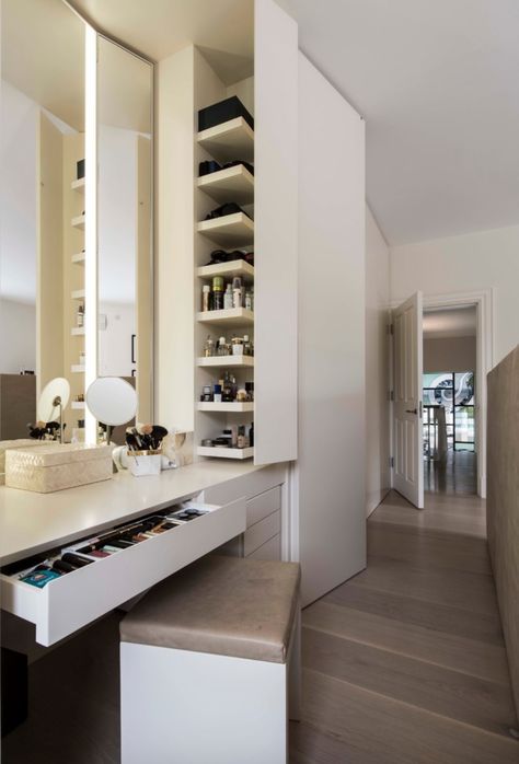 Make Up Area, Apartemen Studio, Dressing Table With Drawers, Home Decor Shelves, Dressing Table Design, Wardrobe Interior Design, Wardrobe Room, Small Closets, Wardrobe Design Bedroom