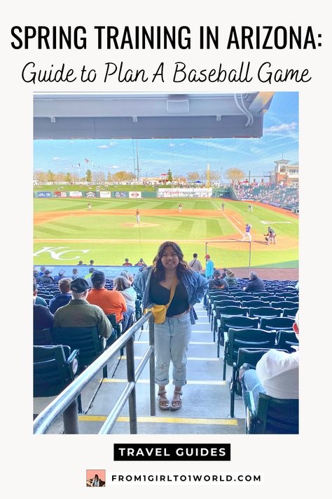 Blogger Gabrielle Sales standing in Surprise Stadium watching MLB teams practice Arizona Spring Outfits, Spring Training Nails, Spring Training Outfits Arizona, Spring Training Outfits, Arizona Packing List, Spring Training Arizona, Visiting Arizona, Packing List Spring, Outdoor Blog