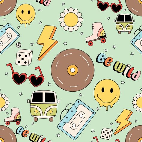 Seamless pattern with y2k retro Groovy Elements, Wallpaper Doodle, Doodle Illustration, Logo Banners, Cityscape Photos, Y2k Retro, Photo Template, Background Banner, Vintage Wallpaper