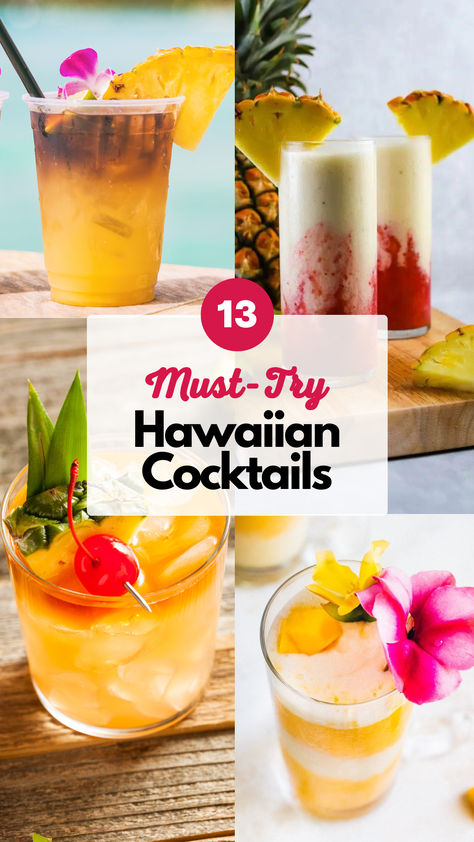 Hawaiian Cocktails Island Drinks Recipes, Hawaiian Alcoholic Drinks, Hawaiian Style Food, Luau Party Drinks Alcohol, Luau Party Cocktails, Tropical Party Drinks, Hawaii Drinks, Hawaii Cocktails, Easy Tropical Drinks