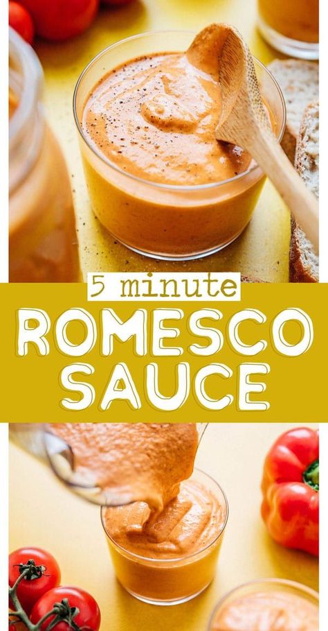 This Easy Romesco Sauce recipe is a fast blend of tomatoes, roasted red bell pepper, almond butter, and spices. It's a vegan sauce recipe just 5 minutes, is packed with flavor, and is great on anything. // Live Eat Learn Roasted Red Bell Pepper, Vegan Sauce Recipes, Tomatoes Roasted, Vegan Sauce, Almond Butter Recipes, Romesco Sauce Recipe, Vegetarian Italian, Romesco Sauce, Vegetarian Pasta Recipes