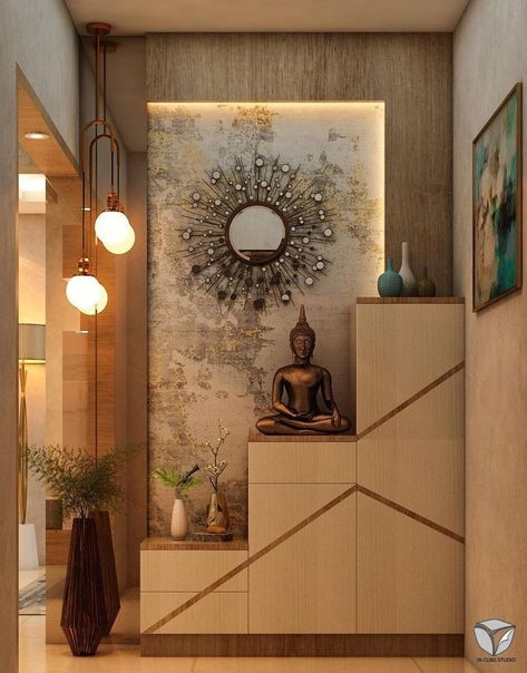 Bedroom Ideas Spiritual, Small Foyer Ideas Entryway Indian, Buddha Decor Entryway, Small Foyer Ideas Entryway Entrance, Spiritual Girlies, Foyer Ideas Entryway Indian, Entryway Decor Indian, Indian Room Decor, Foyer Ideas