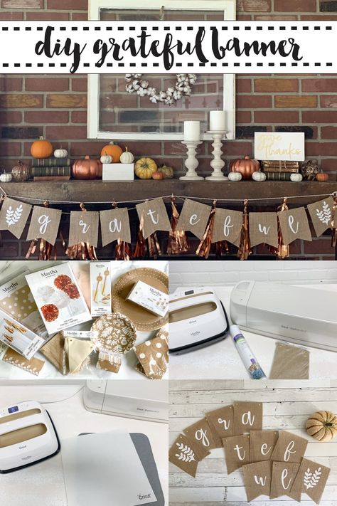 Make this simple and sweet grateful banner for your Thanksgiving or Friendsgiving decor with @MarthaStewart @MichaelsStores and @cricut on Everyday Party Magazine #Sponsored #Friendsgiving #Thanksgiving #DIY #EasyPress Friendsgiving Banner Diy, Banner With Cricut, Diy Friendsgiving, Friendsgiving Banner, Friendsgiving Decor, Friendsgiving Ideas, Friendsgiving Decorations, Simple Thanksgiving, Banner Diy