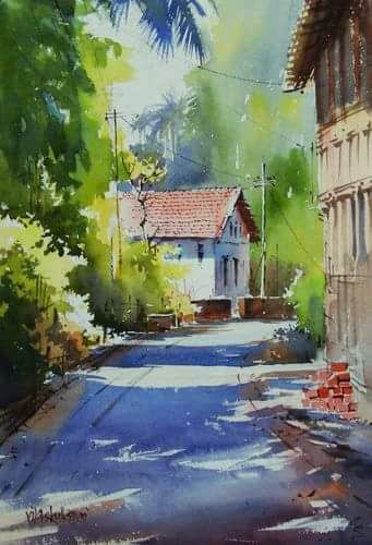 Milind Mulick, Watercolor Scenery, Tree Watercolor Painting, Watercolor Art Landscape, Watercolor Paintings Nature, Watercolour Landscape, River Painting, Watercolor Architecture, Scenery Paintings