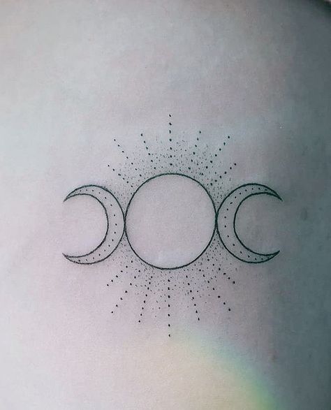 Artemis Moon Tattoo, Triple Moon And Sun Tattoo, Wicca Moon Tattoo, Tattoo Ideas Female Moon, 3 Moon Tattoo, Triple Goddess Tattoo Design, Triple Moon Goddess Tattoo, Witchy Moon Tattoo, Moon Goddess Tattoo