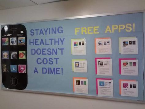 Free Fitness Apps! bulletin board in PE Free Fitness Apps, Nutrition School, Physical Education Bulletin Boards, Pe Bulletin Boards, Nurse Bulletin Board, Health Bulletin Boards, High School Health, Free Workout Apps, School Nurse Office