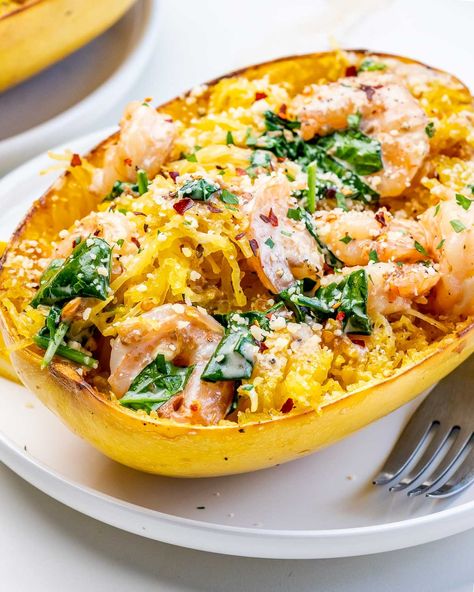 Spaghetti Squash Shrimp Alfredo | Clean Food Crush Spaghetti Squash Shrimp Scampi, Spaghetti Squash Shrimp, Paleo Spaghetti, Shrimp Spaghetti, Pasta Alternative, Dinner Rotation, Shrimp Scampi Recipe, Shrimp Alfredo, Scampi Recipe