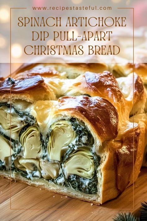 This festive and cheesy pull-apart bread is filled with a creamy spinach artichoke dip, perfect for holiday gatherings! Spinach And Artichoke Dip Pull Apart Bread, Spinach Artichoke Dip Pull Apart, Pull Apart Artichoke Bread, Spinach Artichoke Pull Apart Bread Christmas, Christmas Tree Spinach Artichoke Pull Apart Bread, Spinach Artichoke Pull Apart Bread Easy, Spinach Artichoke Dip Pull-apart Christmas Bread, Crescent Roll Spinach Artichoke, Savory Christmas Baked Goods